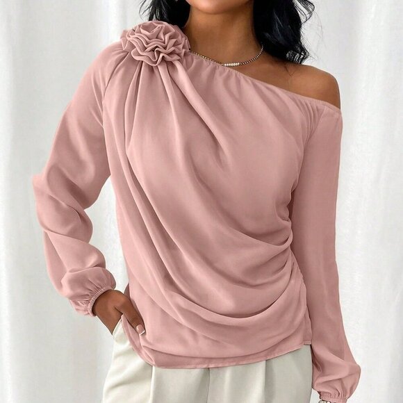 Baby Pink Elegant Women's Irregular Shoulder Shirt With 3d Flower Decoration - Picture 5 of 5